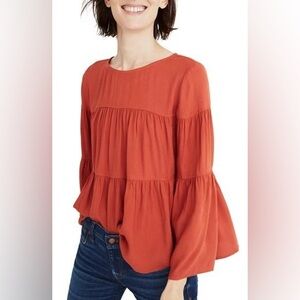 Madewell Orange Tiered Blouse with Long Sleeves